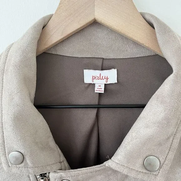 Pixley Faux Suede Moto Jacket Womens Cropped Full Zip Pockets Lined Beige Medium - Picture 3 of 7